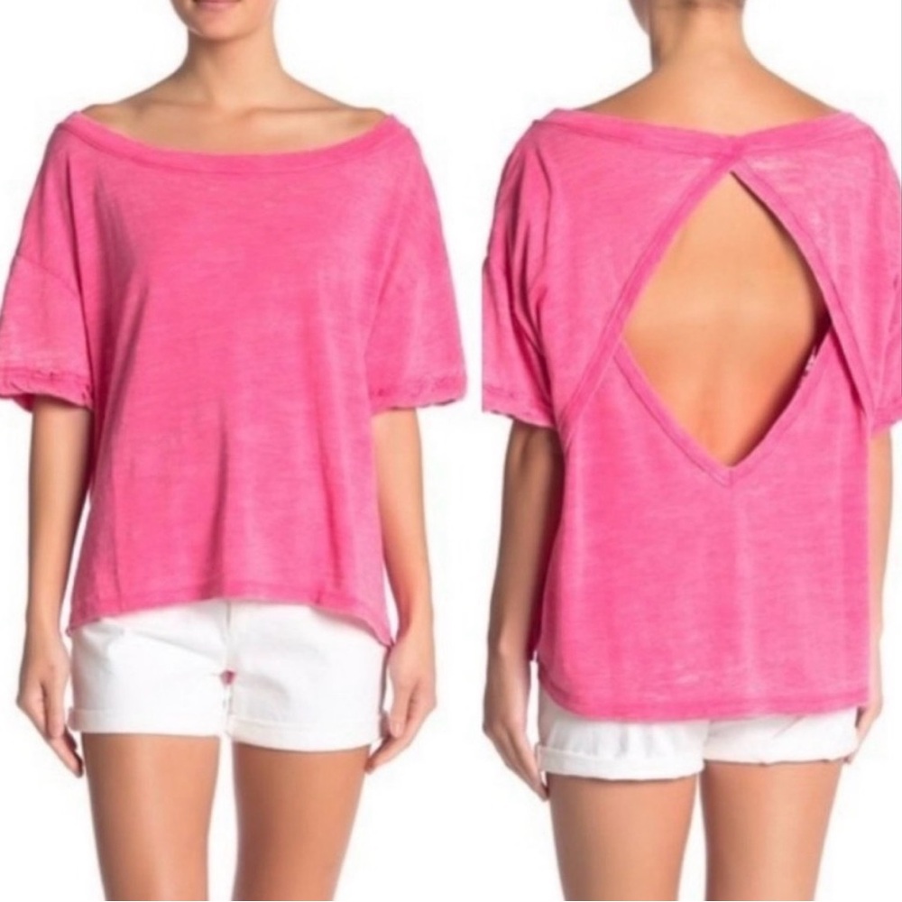 Free People Vibrant Pink Distressed Short Sleeve Tee